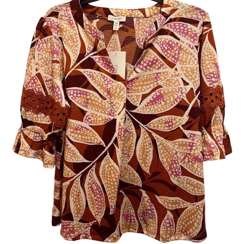 Como Blu Women's Floral Blouse 3/4 Sleeve Multicolor Size L Casual NWT